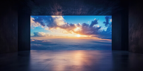 Fototapeta premium stunning view of sunset over clouds displayed on large screen in minimalist room, creating serene and tranquil atmosphere