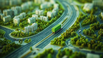 Naklejka na ściany i meble Green truck on highway, city model, sustainable transport, aerial view