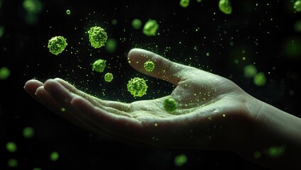 Hand holding microscopic green viruses in dark background