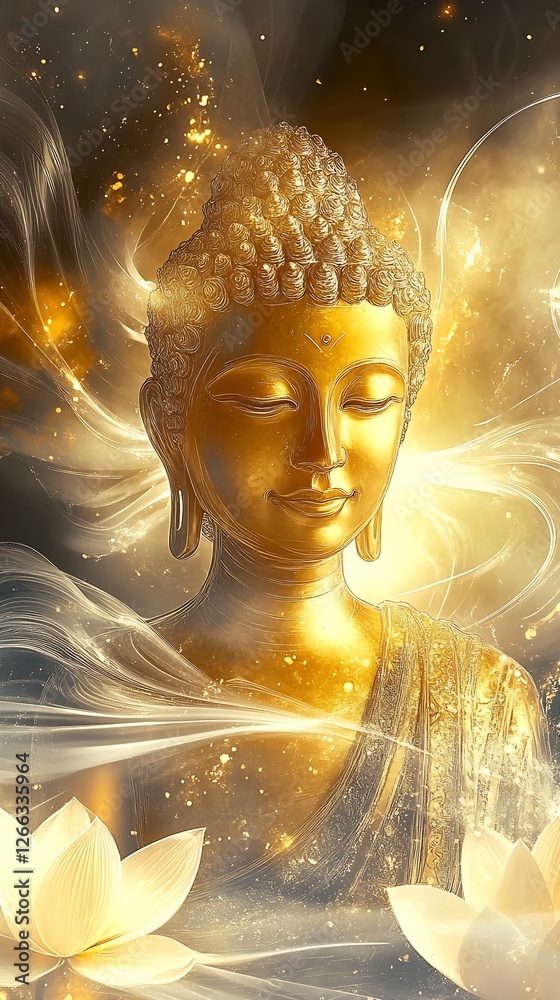 Poster serene buddha statue glowing with spiritual light surrounded by ethereal elements and lotus flowers 