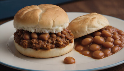 sloppy joe with baked beans and a biscuit