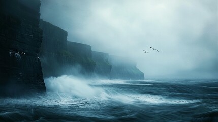 Ocean Cliffs, Waves Crashing, Misty Day