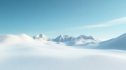 serene winter landscape featuring snow covered mountains under clear blue sky. soft, undulating snow creates peaceful atmosphere, inviting tranquility and reflection