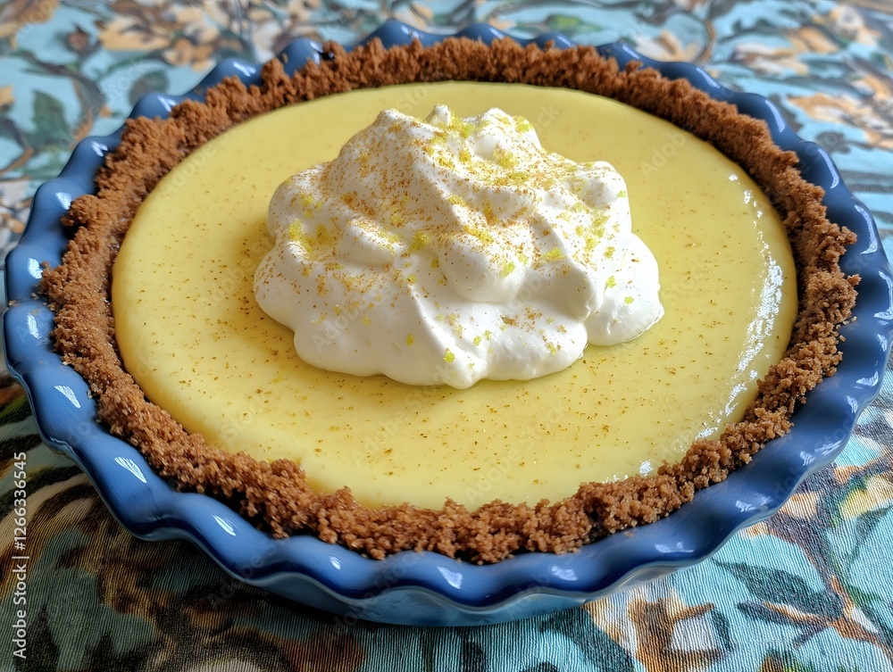 Wall mural Delicious Key Lime Pie with Whipped Cream Topping in Blue Pie Dish