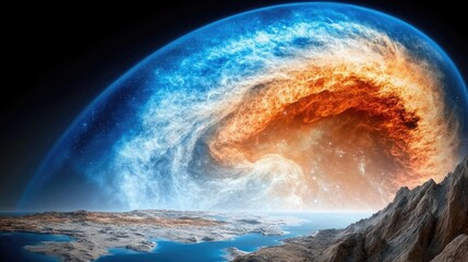 Realistic surreal cosmic landscape: vibrant abstract planets, glowing nebula clouds, and a breathtaking star-filled galaxy.