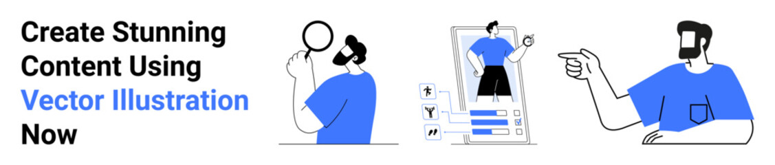 Man holding magnifying glass, editing profile in app, pointing outward. Ideal for content creation, marketing, branding, communication, analytics, web design flat landing page banner