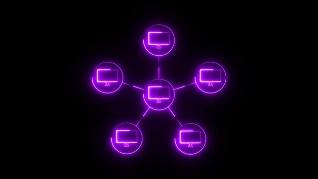 Animation of star topology icon with cyan color neon on black background. Computer networking topology system