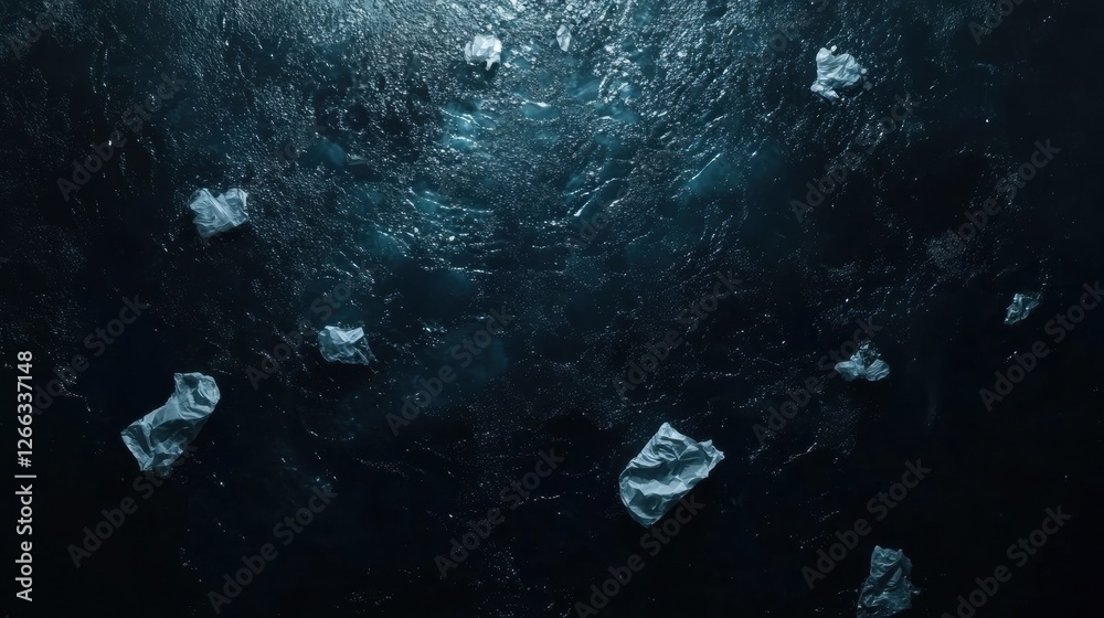 Poster floating plastic waste pollutes ocean surface, revealing environmental concern and need for action. 