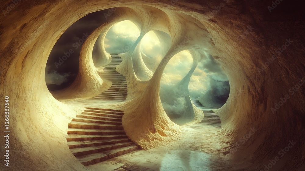 Poster Mysterious abstract architecture showcasing intricate stairways leading to the horizon under a cloudy sky : Generative AI