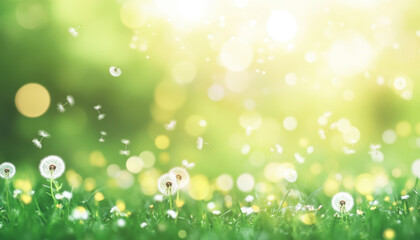 Obraz premium dreamy vibrant meadow filled with dandelions, softly illuminated by sunlight, creating serene and magical atmosphere. gentle breeze carries dandelion seeds, enhancing enchanting scene
