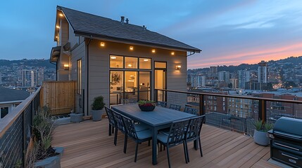 Fototapeta premium Rooftop dining, city sunset view