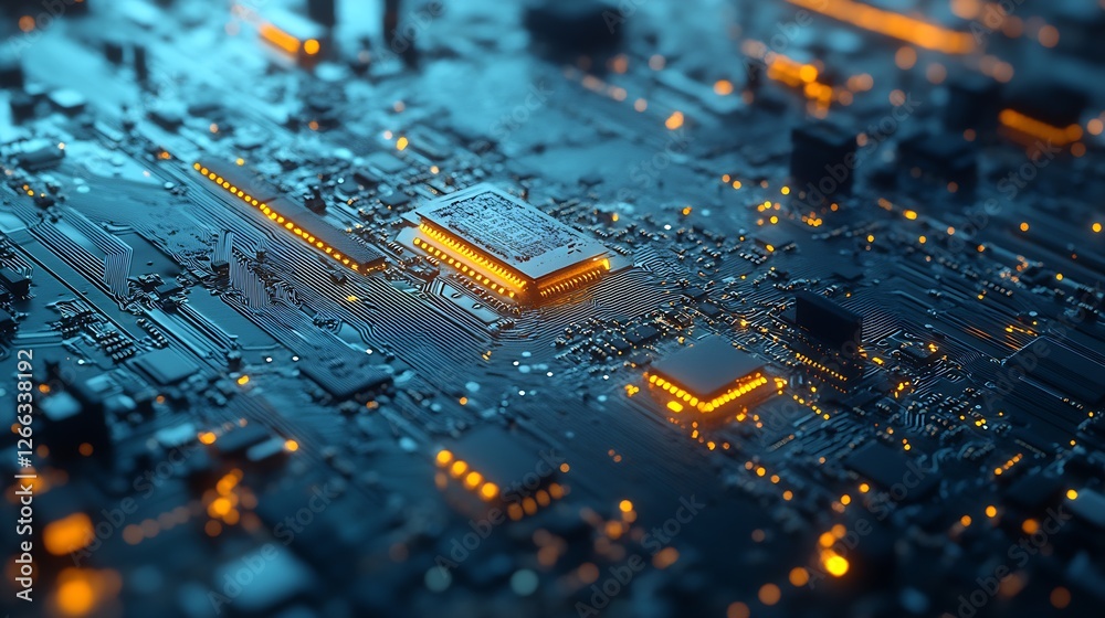 Poster Futuristic close up of circuit board with glowing components and intricate details in blue and orange tones : Generative AI