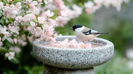 Obraz premium Bird at a birdbath in a blossoming garden