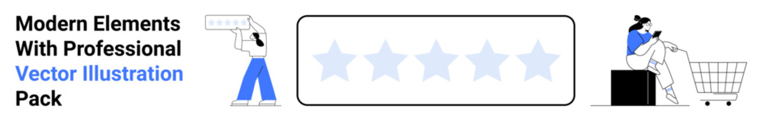 Woman holding a speech bubble, five-star rating strip, person shopping with a cart. Ideal for user reviews, e-commerce, customer feedback, ratings, digital marketing, online shopping flat landing