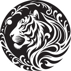 Tiger head in floral circle.