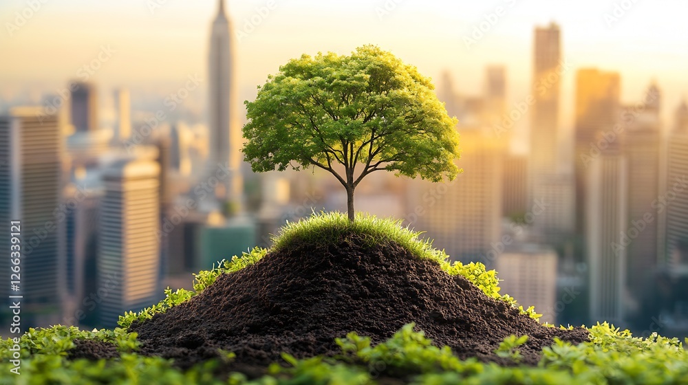 Poster lone tree growing from a mound of earth with vibrant city skyline in the background at sunset : gene