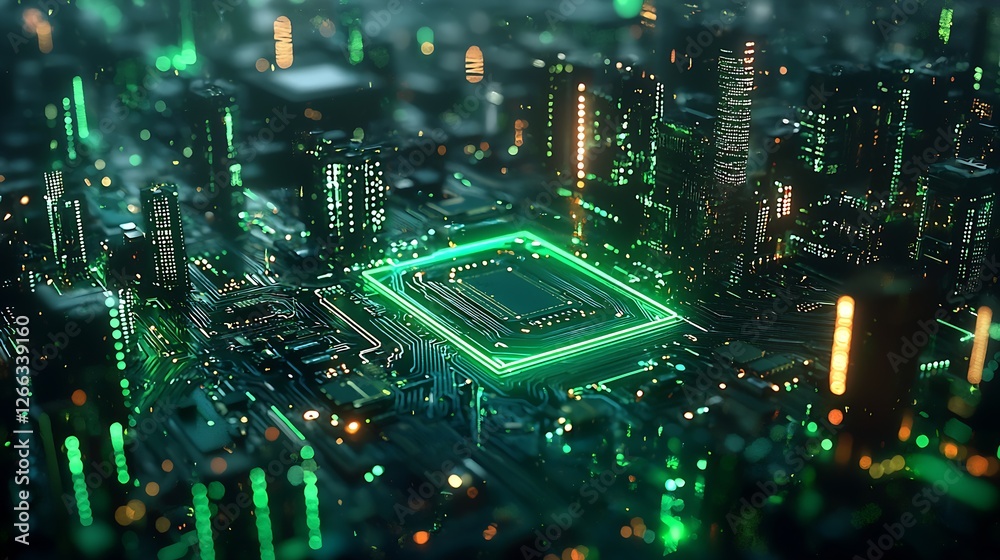 Aufkleber futuristic cityscape with glowing circuit board details highlighted in vibrant green and intricate t
