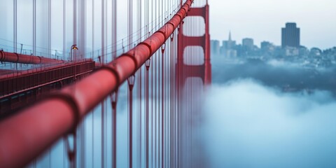 Obraz premium Red pipes leading through golden gate bridge into foggy san francisco