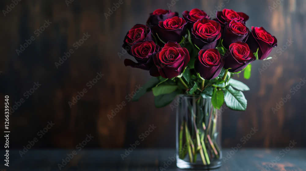 Wall mural beautiful bouquet of red roses in glass vase, symbolizing love and romance, set against dark wooden background. Perfect for special occasions