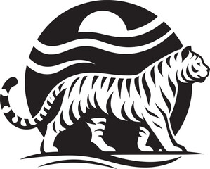 Tiger silhouette in sun graphic.