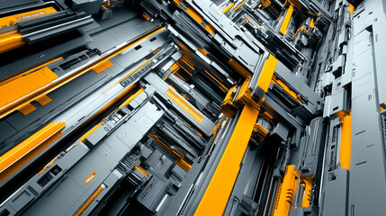 Futuristic Abstract Design With Gray and Yellow Geometrical Details and Shapes. Futuristic abstract artwork featuring a combination of gray and yellow geometrical elements. 