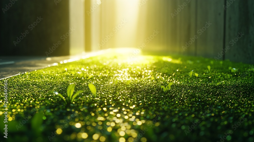 Aufkleber glorious green moss with vibrant leaves under sunlight alongside a modern architectural pathway crea