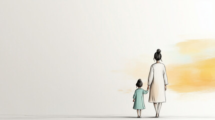 Obraz premium Minimalist line drawing of mother and daughter walking towards sunset in watercolor hues
