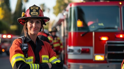 Confident female firefighter standing proudly with arms crossed near fire truck, showcasing bravery and commitment to community safety during emergency response