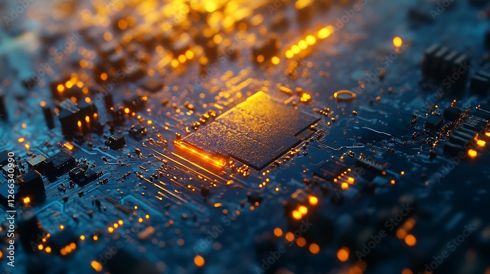 Poster Close up view of a vibrant electronic circuit board with glowing components and intricate details : Generative AI