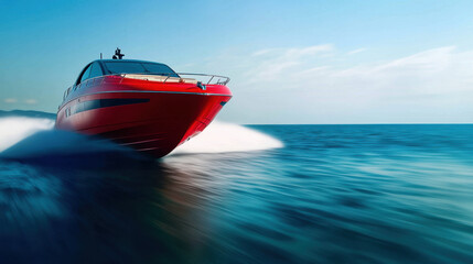 luxurious red boat speeding through water, creating dynamic splash and showcasing its sleek design against clear blue sky