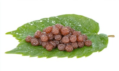Close-up of a cluster of brown seeds resting on a fresh green leaf with water droplets