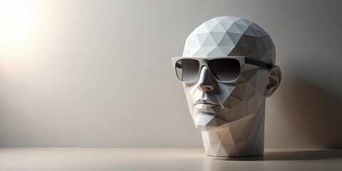 Stylish geometric head sculpture wearing sunglasses on a minimalist surface