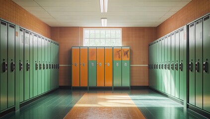 Empty school locker room hallway with graffiti, natural light, and a window