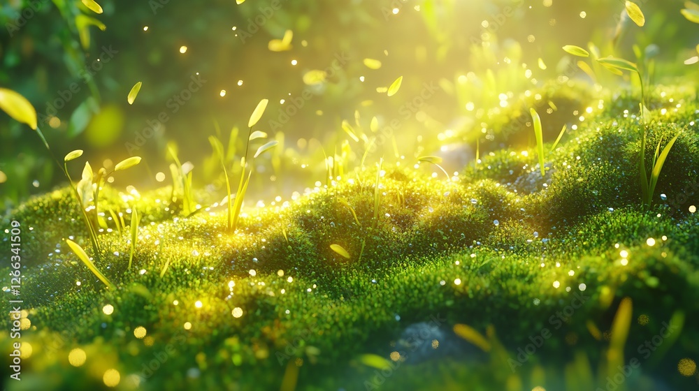 Aufkleber sunlit green moss with sparkling dew and tiny plants in nature : generative ai