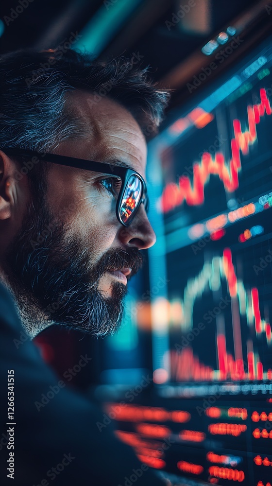 Poster Profile of a Bearded Man Analyzing Financial Trends on a Screen with Colorful Stock Market Data : Generative AI