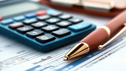 Close-Up of a Blue Calculator, Gold-Trimmed Pen, and Financial Documents to Illustrate Business, Finance, and Accounting Concepts in a Professional Setting