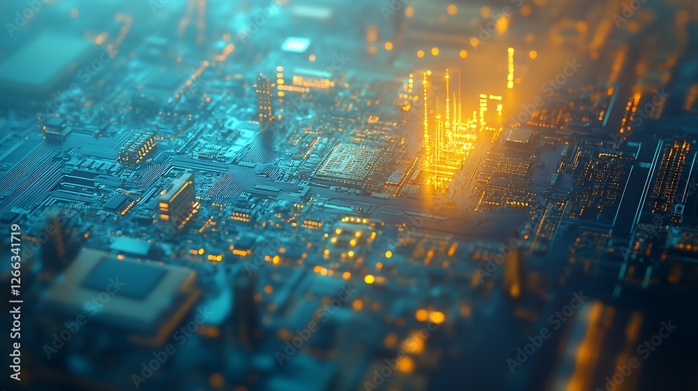 Fototapete Advanced circuit board with dynamic glowing pathways and intricate components illustrating modern technology : Generative AI
