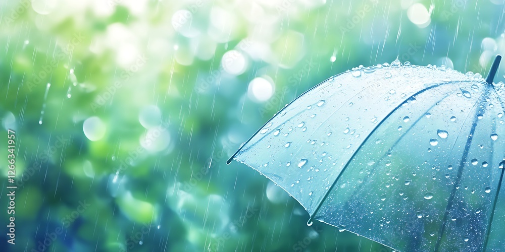 Poster charming view of a rainy day with umbrella and droplets of water : generative ai