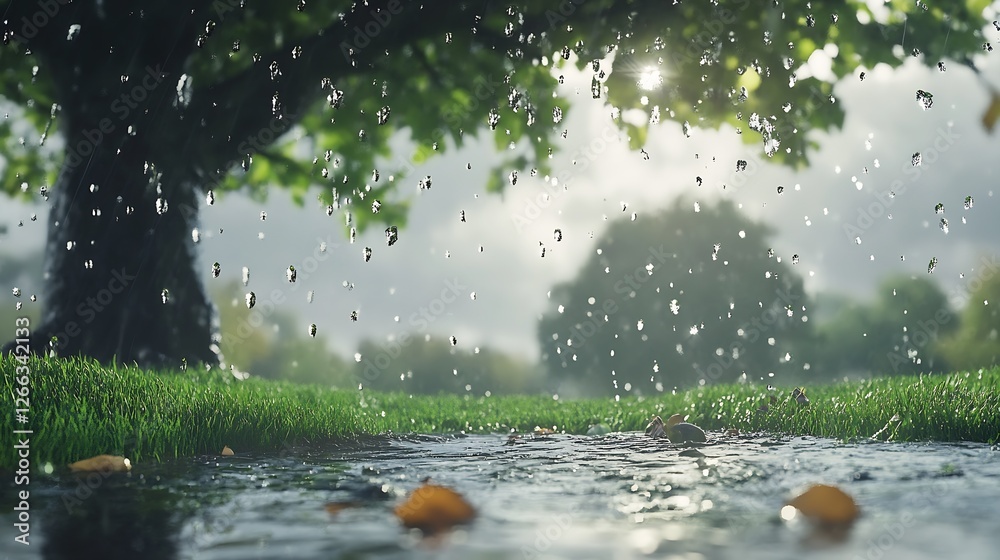 Poster a serene landscape featuring a tree surrounded by glistening rain droplets creating a peaceful and t