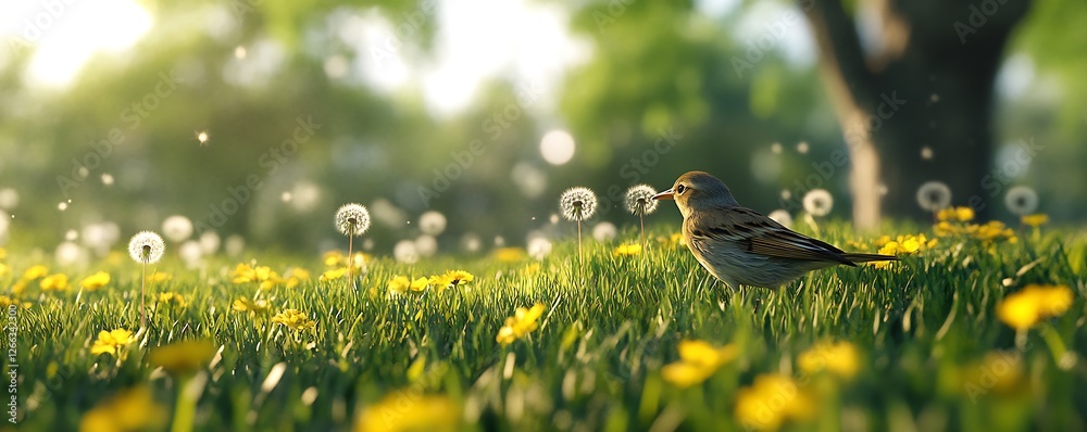 Poster a charming bird interacts with dandelions in a vibrant green meadow filled with sunshine : generativ