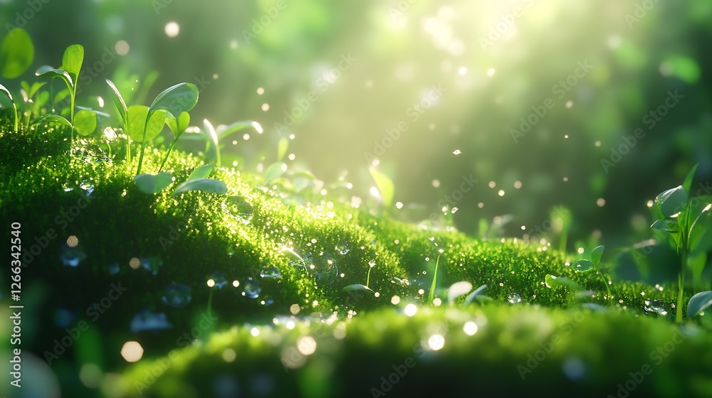 Poster lush greenery with sparkling droplets on young plants illuminated by soft sunlight in a tranquil env