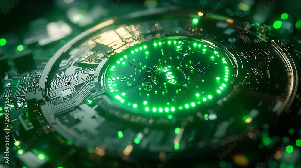 Poster Macro perspective of a green glowing clock-like circuit design showcasing futuristic technology details : Generative AI