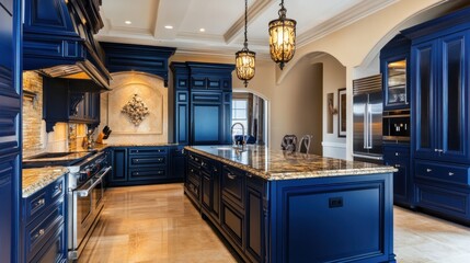 Opulent navy blue kitchen design with ornate details and granite countertops