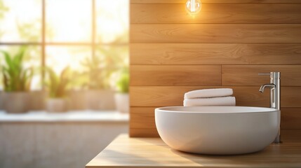 Fototapeta premium Modern bathroom design with wooden accents, sunlight filtering through, elegant sink with stacked towels, and natural plant atmosphere