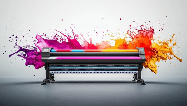 Large format printer surrounded by colorful paint splashes in a modern studio