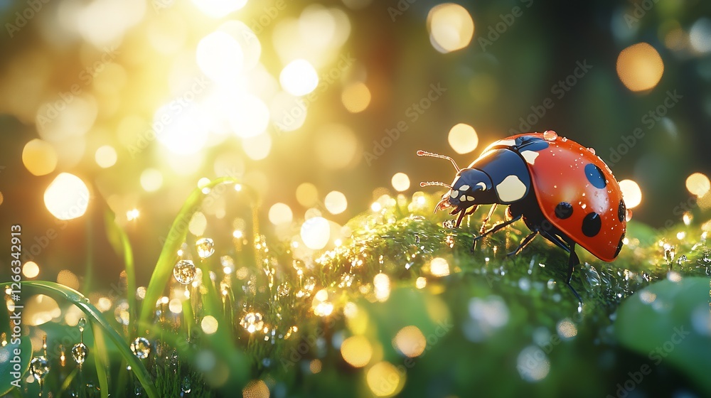 Poster Ladybug crawling on wet moss with sunlight creating a dreamy effect : Generative AI