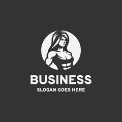 Strong woman logo design vector illustration in black and white style on a white background