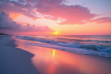 Obraz premium Serene Beach Sunset: A Stunning Seascape of Colorful Skies, Gentle Waves, and Reflective Sand at Dusk on a Tranquil Coastal Paradise