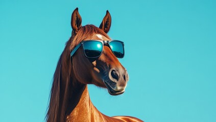 Portrait of a brown horse wearing sunglasses against a blue background, suitable for use as a social media banner or advertisement.