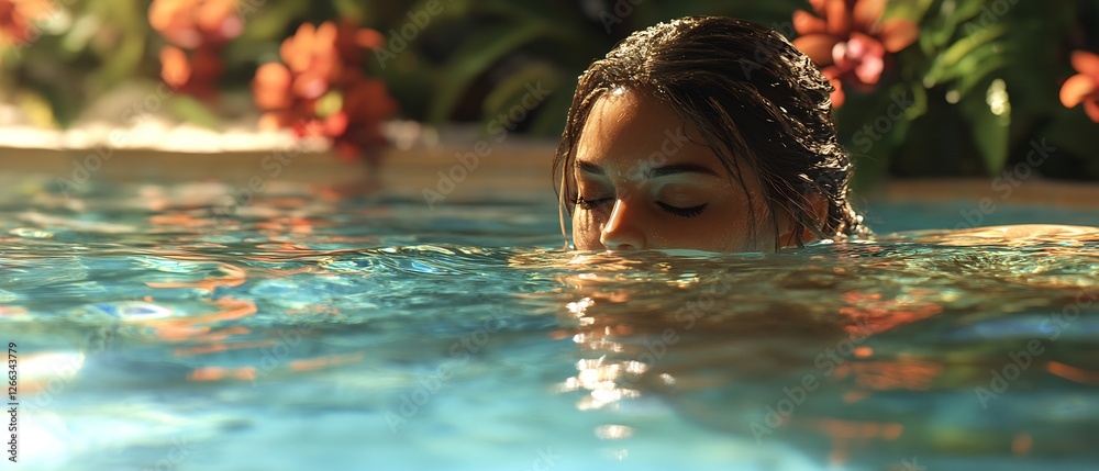 Poster tranquil underwater moment of a woman with closed eyes embracing the calmness of a beautiful pool se
